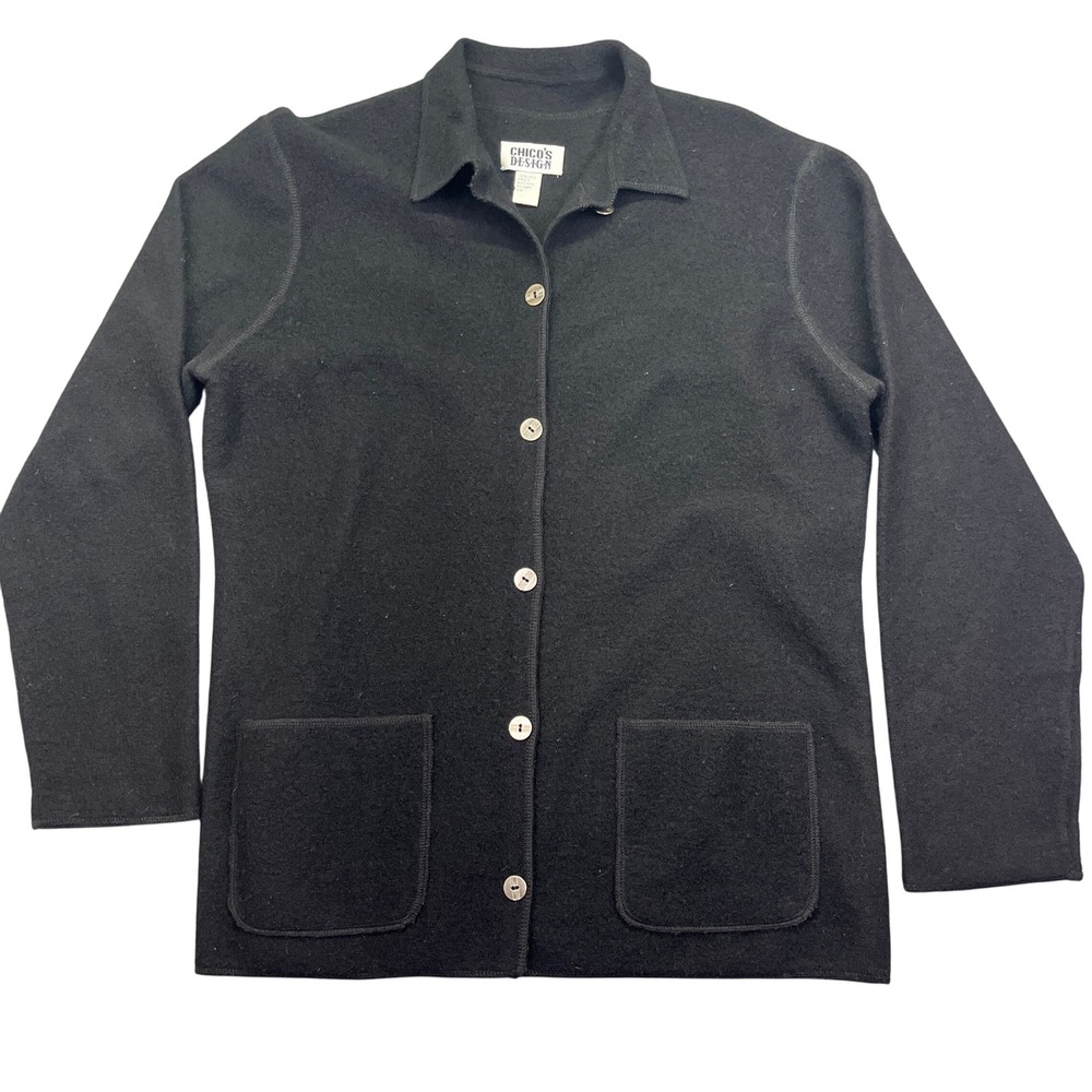 Chico's Design Wool‎ Blend Button Front Jacket Pockets Black Size 1 Boho Grunge